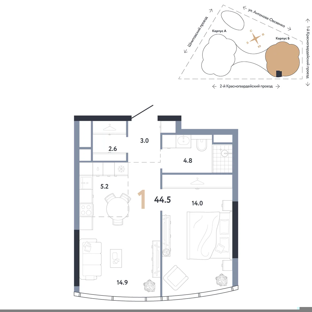 Планировка 1-комн. квартира, 44.5 м² ЖК «АУРУС Резиденции»