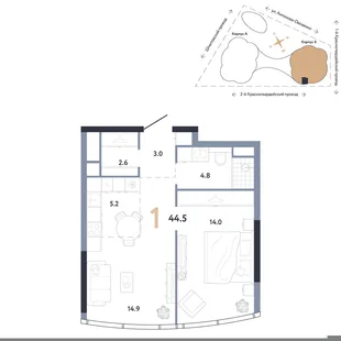 Планировка 1-комн. квартира, 44.5 м² ЖК «АУРУС Резиденции»
