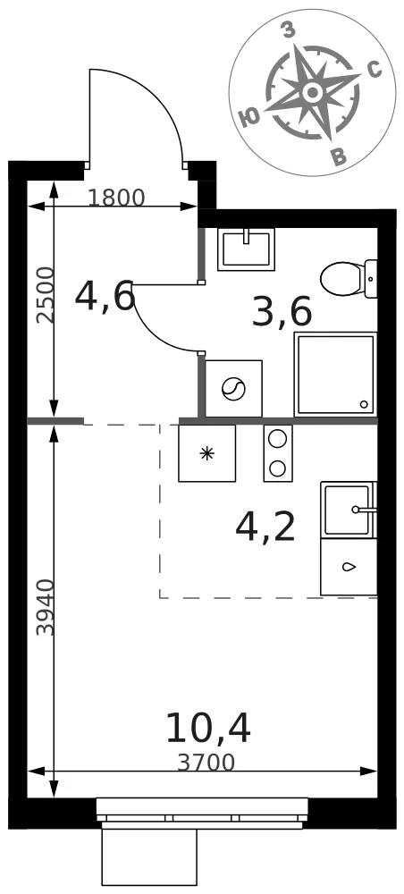Планировка Студия, 22.8 м² ЖК «1-й Химкинский»