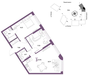 Планировка 3-комн. квартира, 65.96 м² ЖК «Сибирский сад»