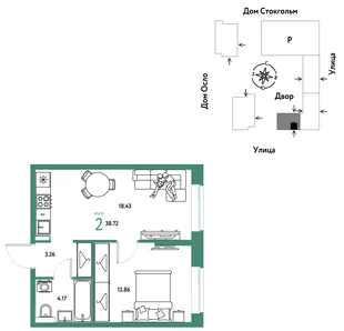 Планировка 2-комн. квартира, 38.72 м² ЖК «Европейский берег 2.0»