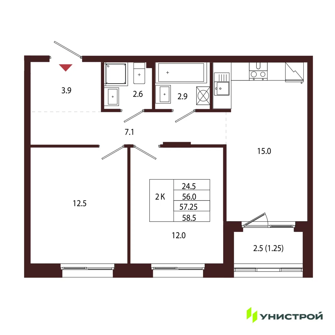 Планировка 2-комн. квартира, 57.25 м² ЖК «Лисино»