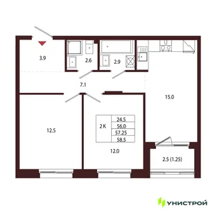 Планировка 2-комн. квартира, 57.25 м² ЖК «Лисино»