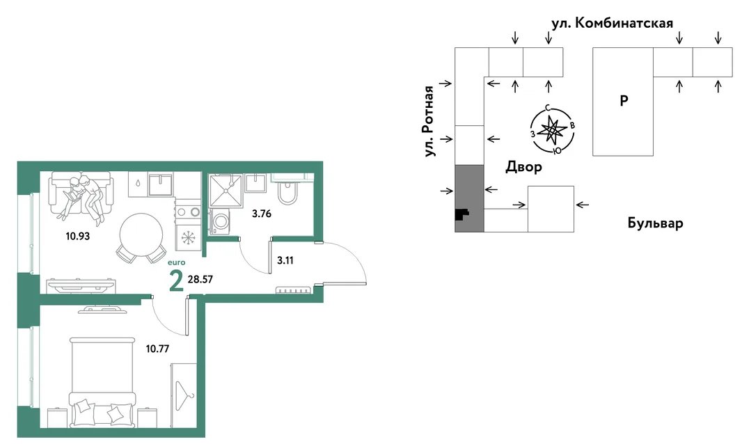 Планировка 2-комн. квартира, 28.41 м² ЖК «Уральский сад»