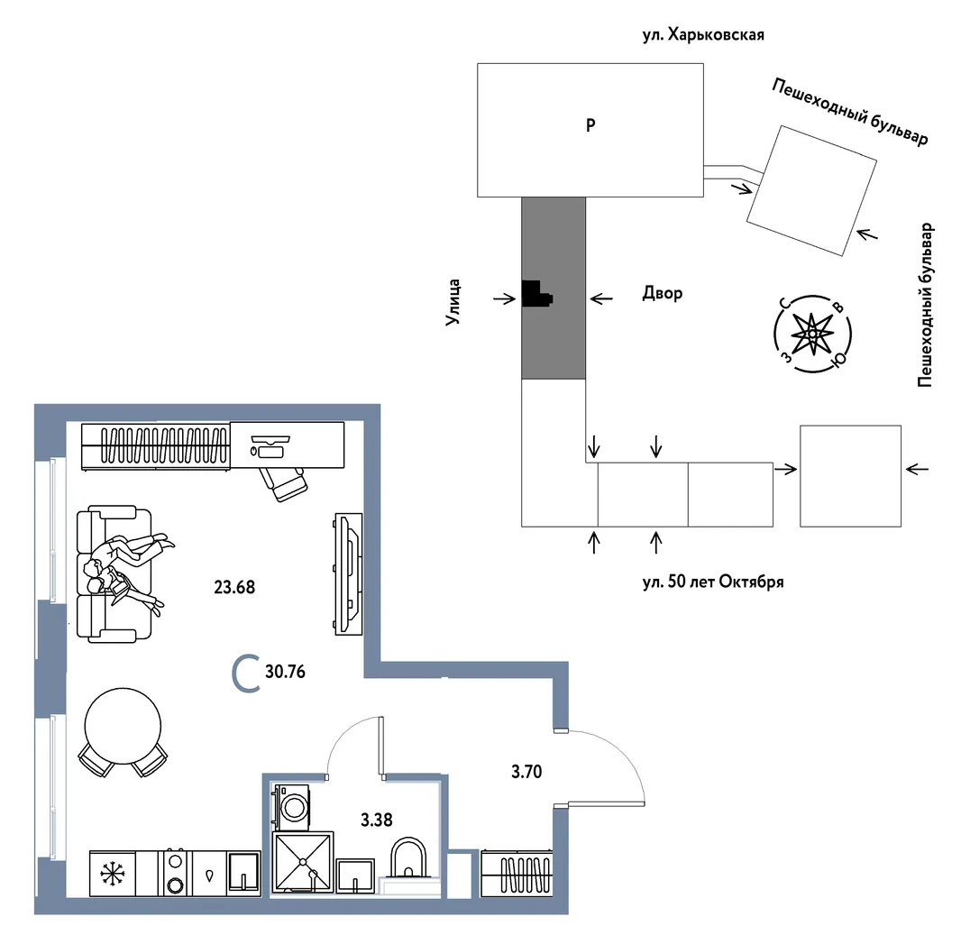 Планировка Студия, 30.76 м² ЖК «Сердце Сибири»