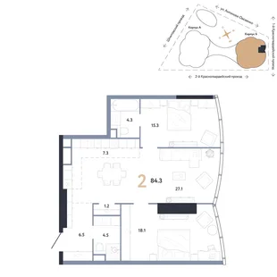 Планировка 2-комн. квартира, 84.3 м² ЖК «АУРУС Резиденции»