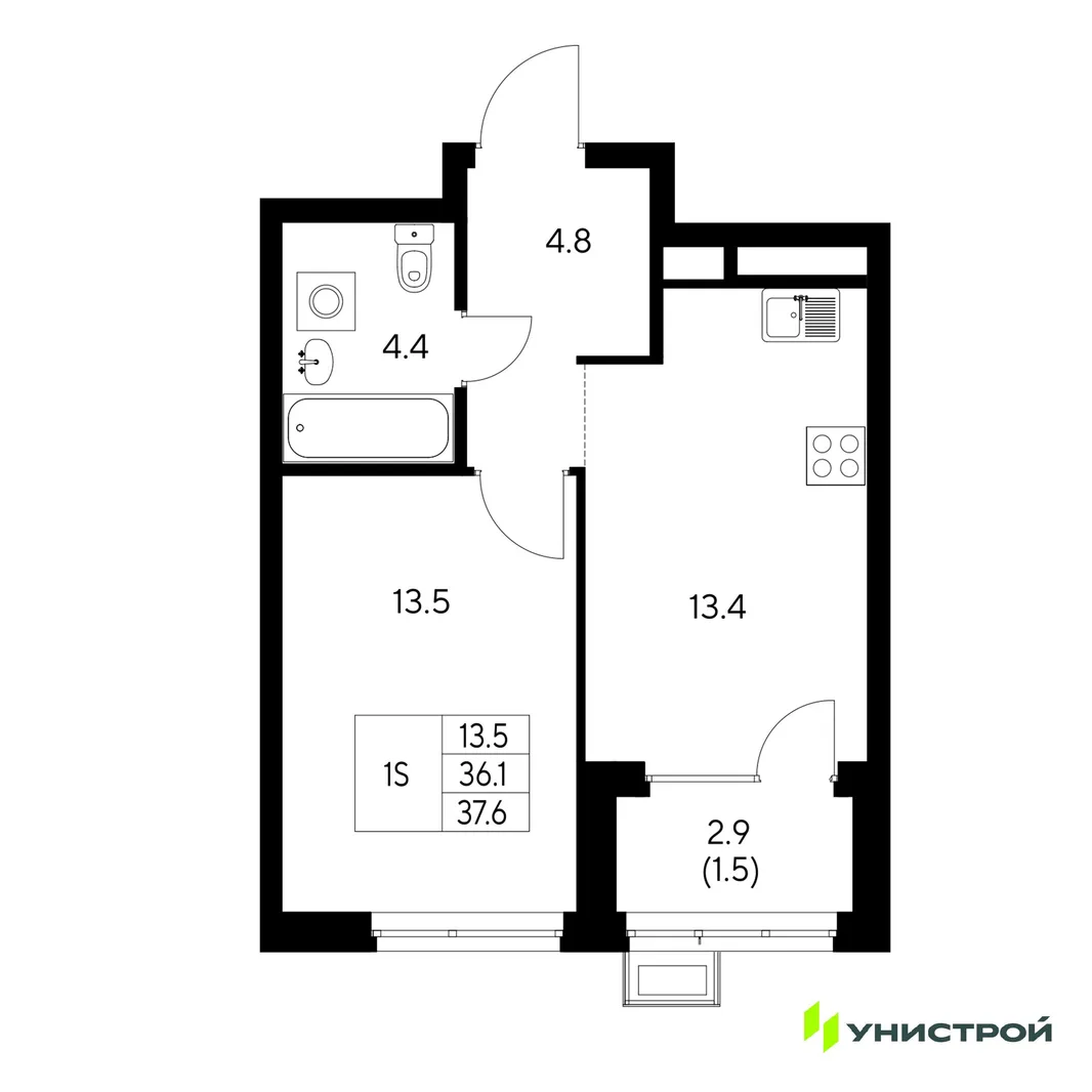 Планировка 1-комн. квартира, 37.6 м² ЖК «Стадиум»