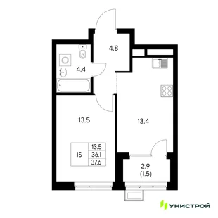 Планировка 1-комн. квартира, 37.6 м² ЖК «Стадиум»