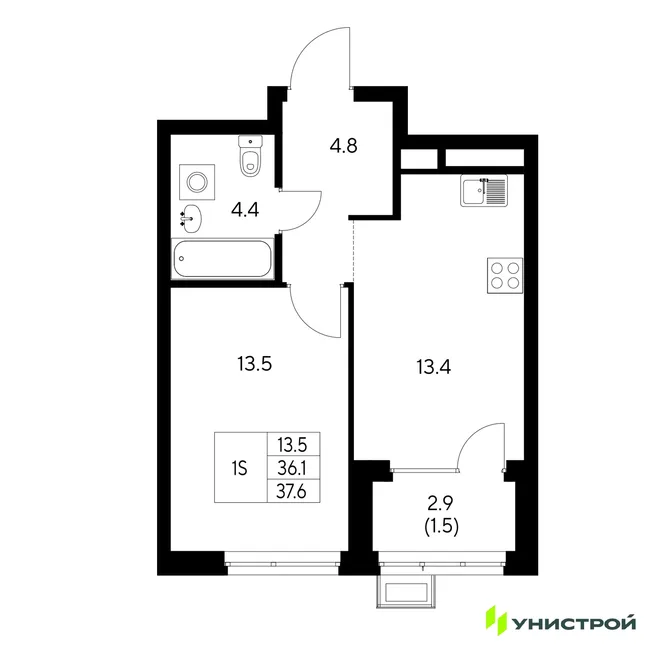 Планировка 1-комн. квартира, 37.6 м² ЖК «Стадиум» Планировка 1-комн. квартира, 37.6 м² ЖК «Стадиум»