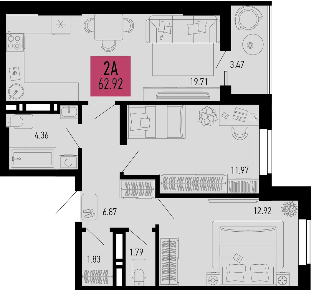 Планировка 2-комн. квартира, 62.92 м² ЖК «Столицыно»