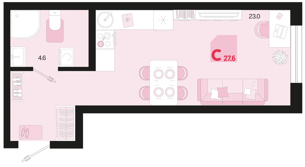 Планировка Студия, 27.6 м² ЖК «Первое место»