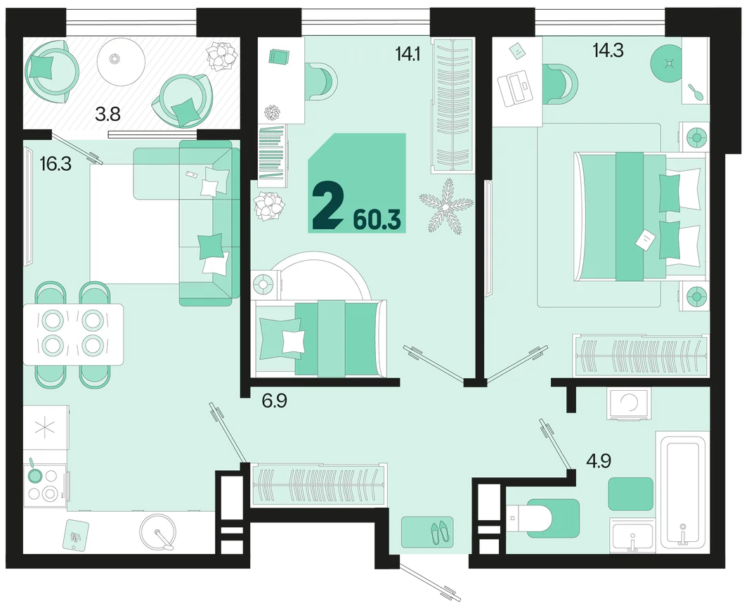 Планировка 2-комн. квартира, 60.3 м² ЖК «Первое место»