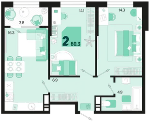 Планировка 2-комн. квартира, 60.3 м² ЖК «Первое место»