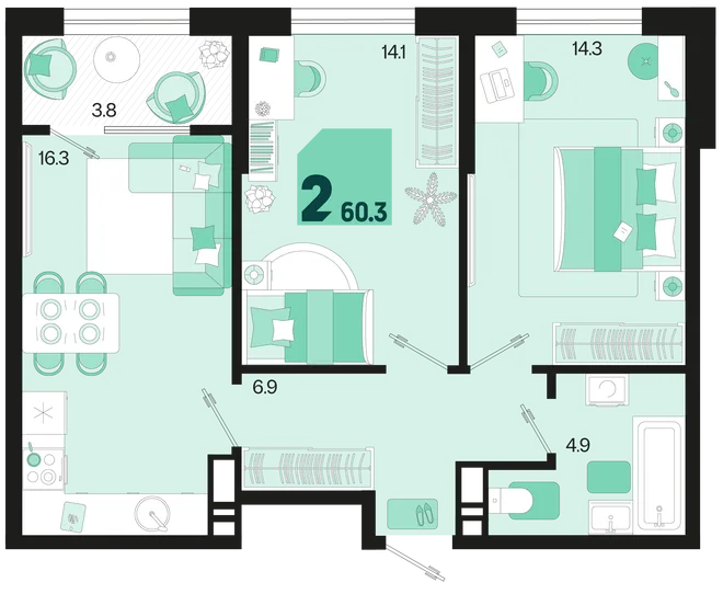 Планировка 2-комн. квартира, 60.3 м² ЖК «Первое место» Планировка 2-комн. квартира, 60.3 м² ЖК «Первое место»