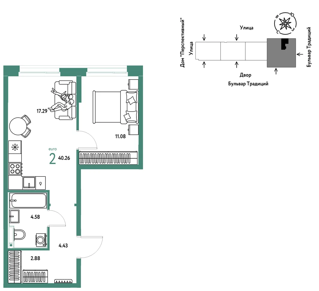Планировка 2-комн. квартира, 40.26 м² ЖК «Микрорайон Домашний»