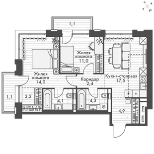 Квартира 2-комн. квартира, 63.6 м² ЖК «Философия» Фото 1 Квартира 2-комн. квартира, 63.6 м² ЖК «Философия» Фото 1