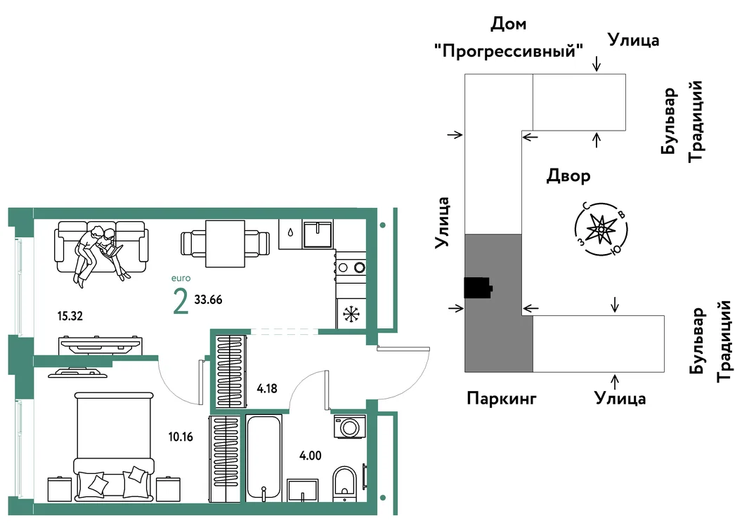 Планировка 2-комн. квартира, 33.66 м² ЖК «Микрорайон Домашний»