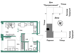 Планировка 2-комн. квартира, 33.66 м² ЖК «Микрорайон Домашний»