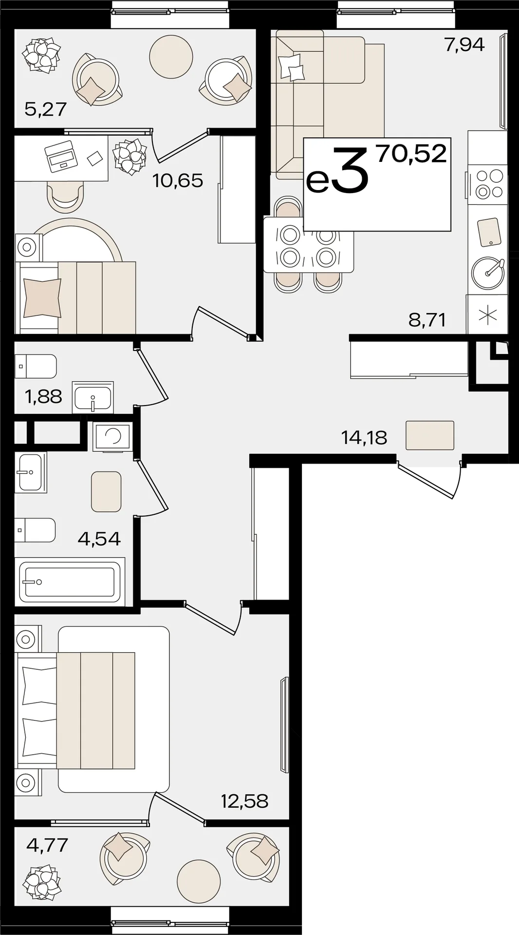 Планировка 3-комн. квартира, 70.52 м² ЖК «Патрики»