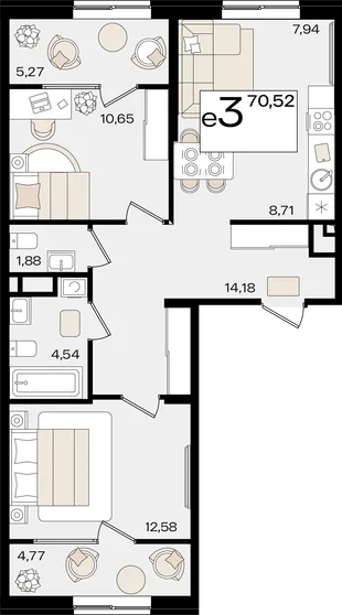 Планировка 3-комн. квартира, 70.52 м² ЖК «Патрики»