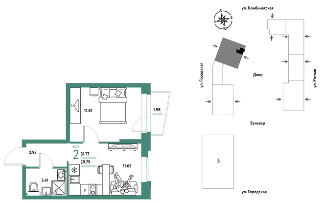 Планировка 2-комн. квартира, 31.77 м² ЖК «Уральский сад» Планировка 2-комн. квартира, 31.77 м² ЖК «Уральский сад»
