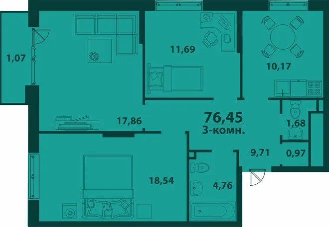 Планировка 3-комн. квартира, 76.45 м² ЖК «Аквамарин 2» Планировка 3-комн. квартира, 76.45 м² ЖК «Аквамарин 2»