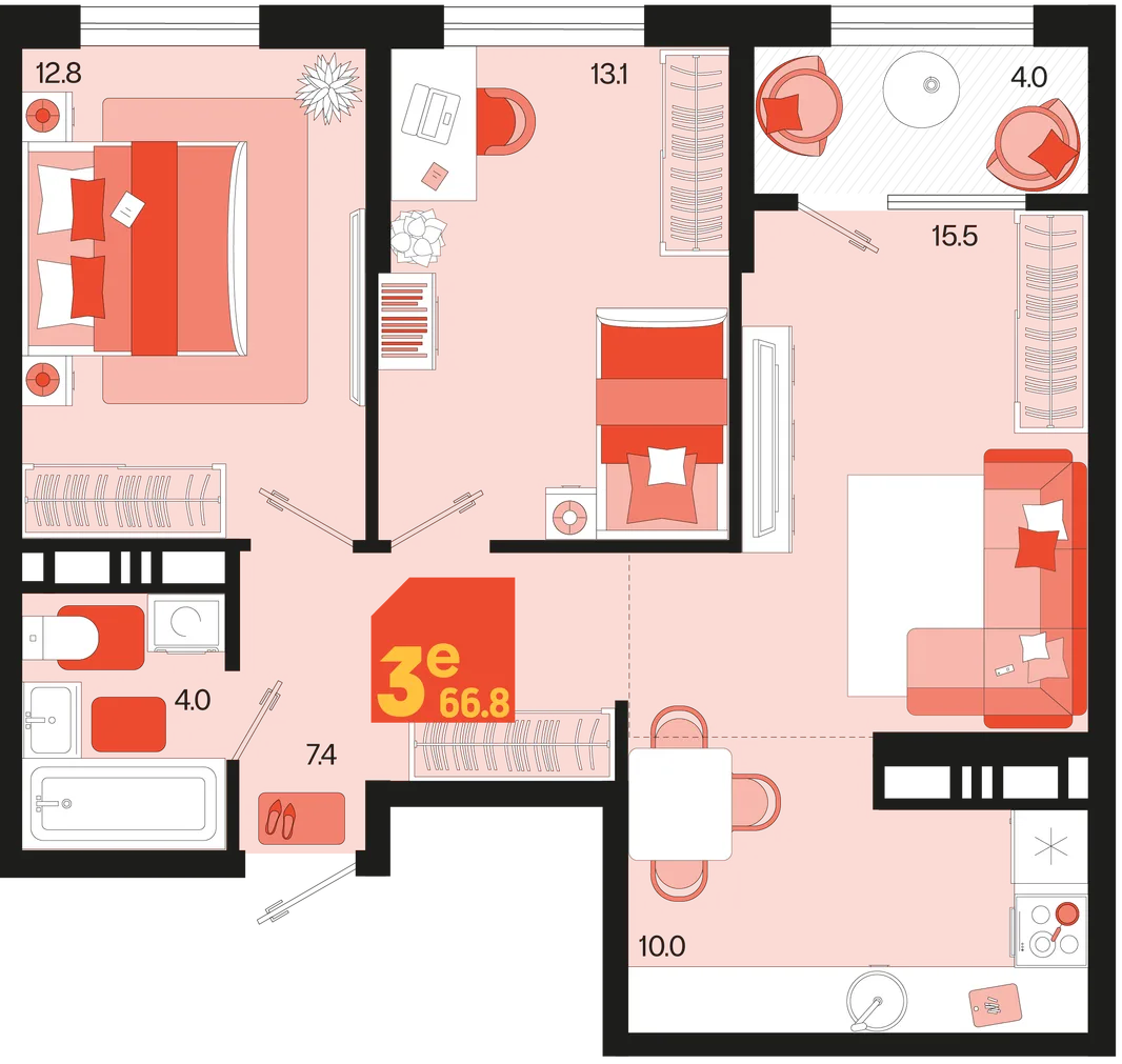 Планировка 3-комн. квартира, 66.8 м² ЖК «Первое место»