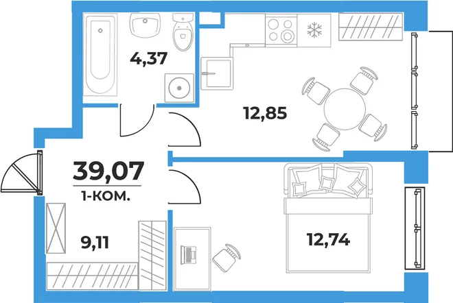 Планировка 1-комн. квартира, 39.07 м² ЖК «На семи холмах» Планировка 1-комн. квартира, 39.07 м² ЖК «На семи холмах»