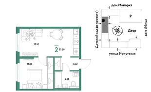 Планировка 2-комн. квартира, 37.28 м² ЖК «Остров-сад»