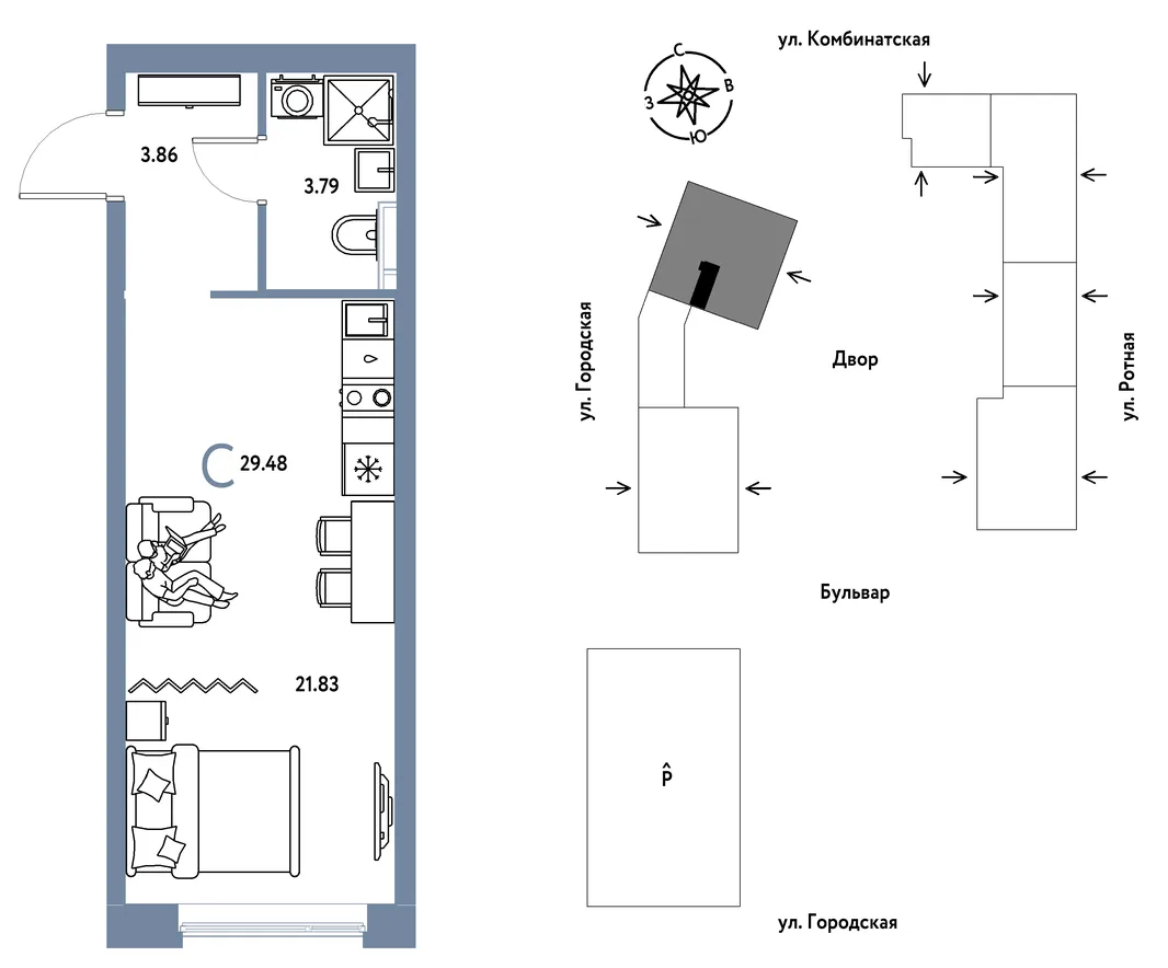 Планировка Студия, 29.48 м² ЖК «Уральский сад»