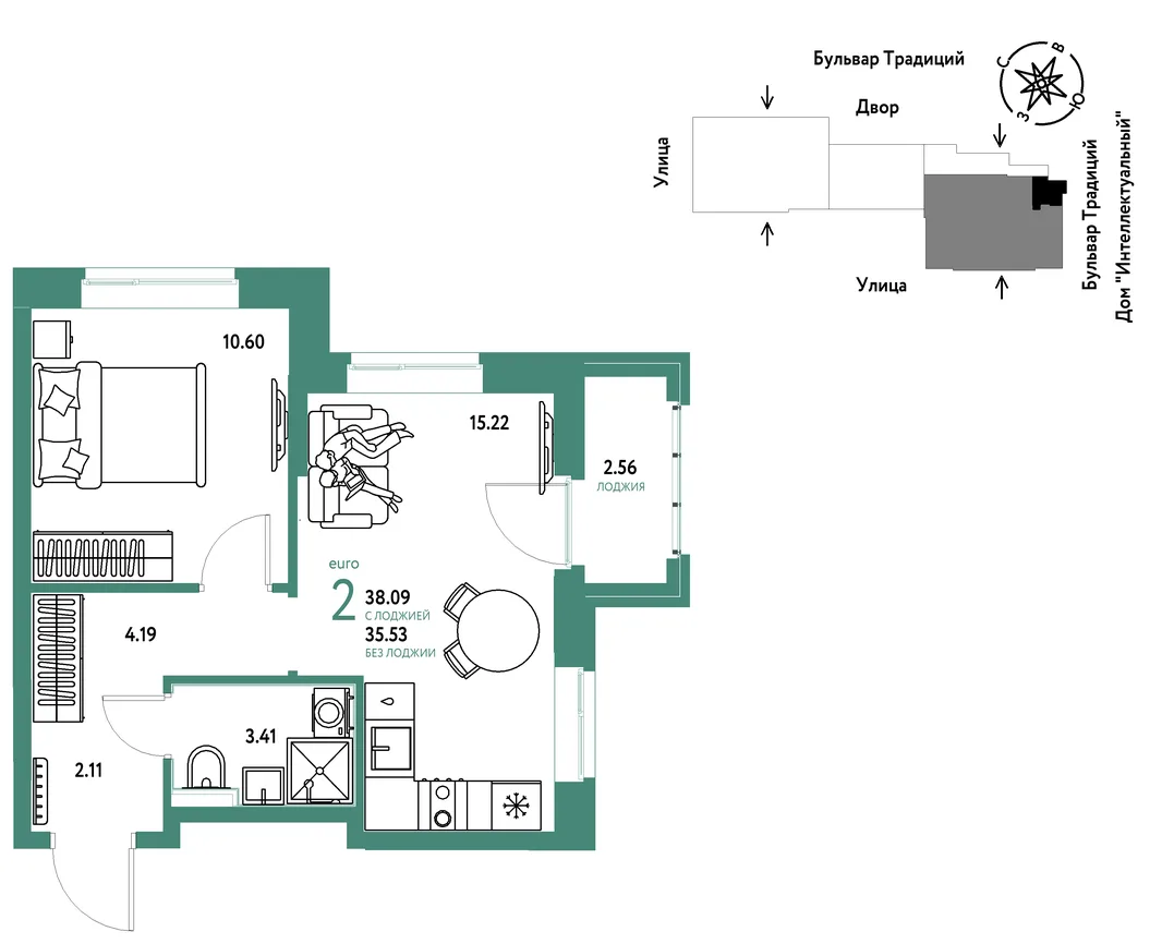 Планировка 2-комн. квартира, 38.09 м² ЖК «Микрорайон Домашний»