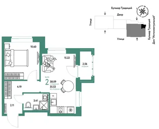 Планировка 2-комн. квартира, 38.09 м² ЖК «Микрорайон Домашний»