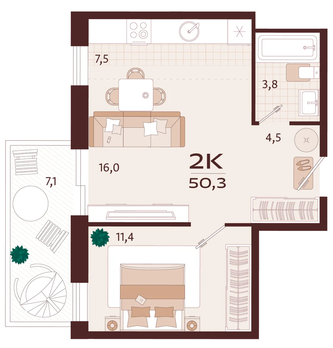 Планировка 1-комн. квартира, 50.3 м² ЖК «Роялта»