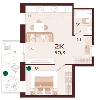 Планировка 1-комн. квартира, 50.3 м² ЖК «Роялта»