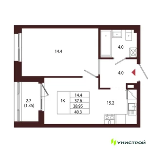 Планировка 1-комн. квартира, 38.95 м² ЖК «Лисино»