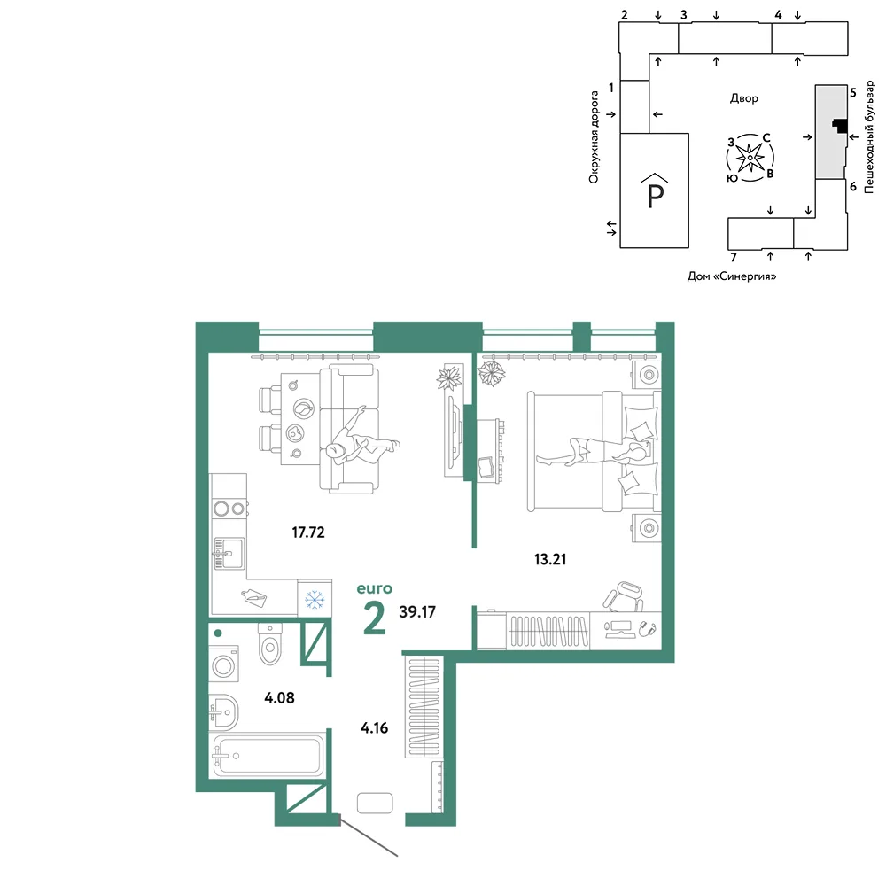 Планировка 2-комн. квартира, 39.17 м² ЖК «Юнион»