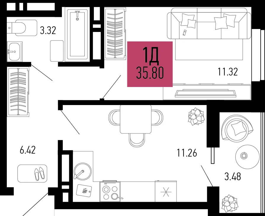 Планировка 1-комн. квартира, 35.8 м² ЖК «Столицыно»