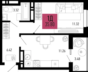 Планировка 1-комн. квартира, 35.8 м² ЖК «Столицыно»