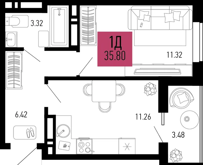 Планировка 1-комн. квартира, 35.8 м² ЖК «Столицыно» Планировка 1-комн. квартира, 35.8 м² ЖК «Столицыно»