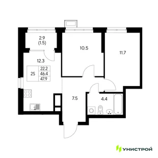 Планировка 2-комн. квартира, 47.9 м² ЖК «Стадиум»