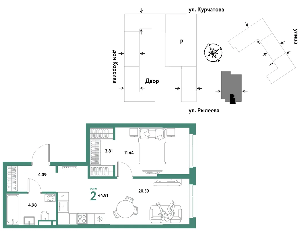 Планировка 2-комн. квартира, 44.91 м² ЖК «Остров-сад»