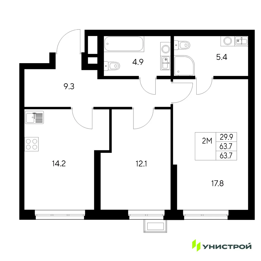 Планировка 2-комн. квартира, 63.7 м² ЖК «Стадиум»
