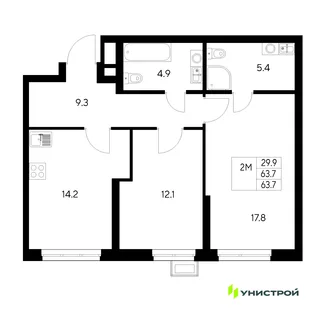 Планировка 2-комн. квартира, 63.7 м² ЖК «Стадиум»