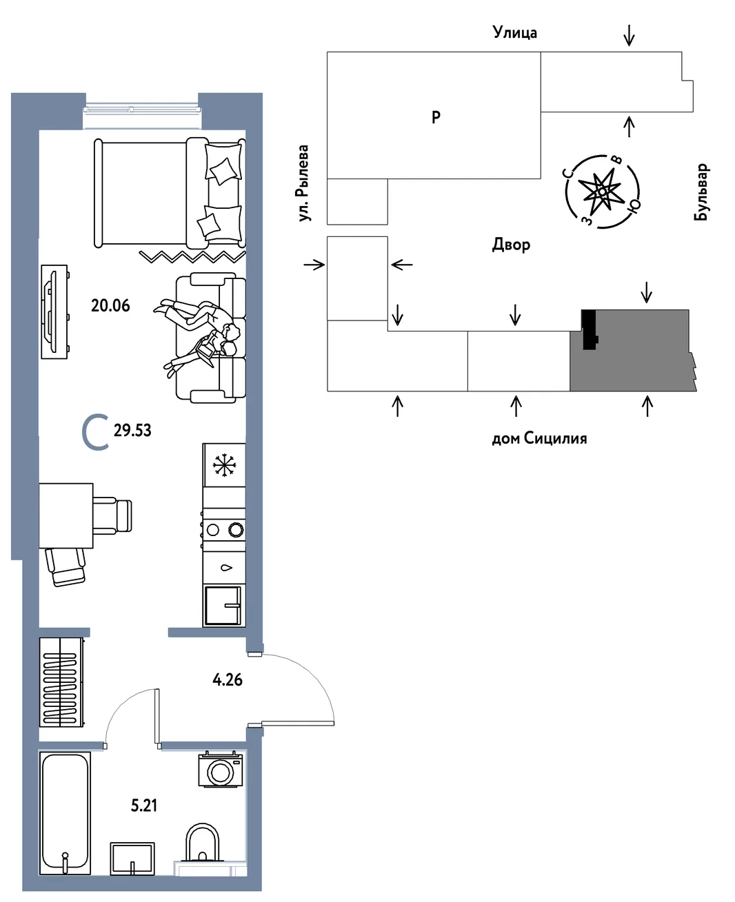 Планировка Студия, 29.53 м² ЖК «Остров-сад»