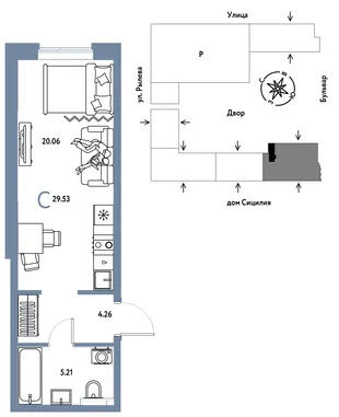 Планировка Студия, 29.53 м² ЖК «Остров-сад»