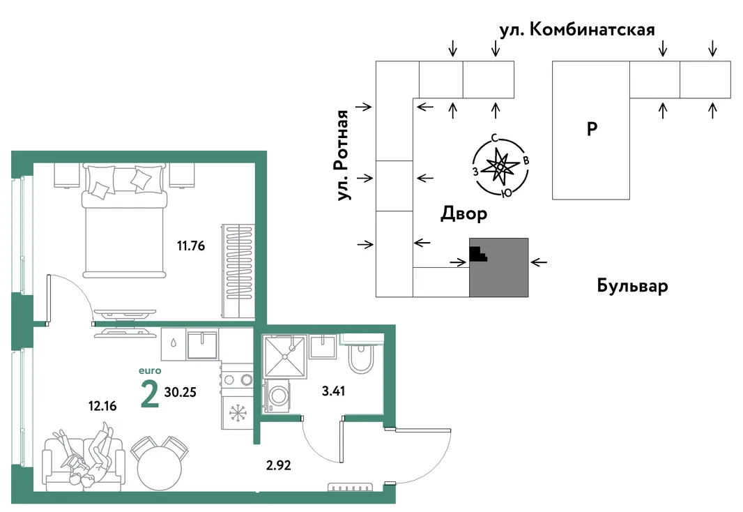 Планировка 2-комн. квартира, 30.02 м² ЖК «Уральский сад»