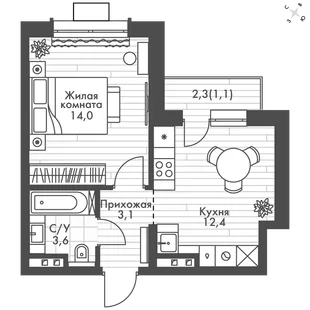 Квартира 1-комн. квартира, 34.3 м² ЖК «ФоРест» Фото 1 Квартира 1-комн. квартира, 34.3 м² ЖК «ФоРест» Фото 1