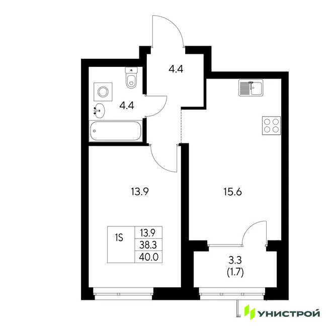 Планировка 1-комн. квартира, 40 м² ЖК «Стадиум» Планировка 1-комн. квартира, 40 м² ЖК «Стадиум»