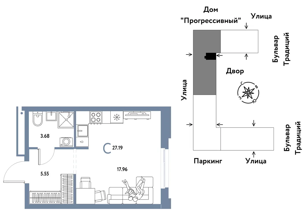 Планировка Студия, 27.19 м² ЖК «Микрорайон Домашний»