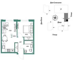 Планировка 2-комн. квартира, 37.9 м² ЖК «Европейский берег 2.0»